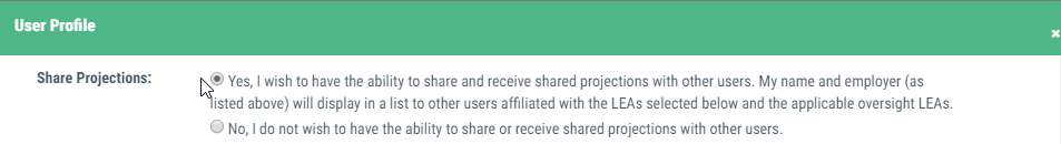 Image of share setting set to yes on the 'My Profile' screen
