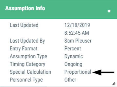 Image of example Assumption Info box displaying the Special Calculation type of Proportional