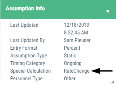 Image of example Assumption Info box displaying the Special Calculation type of RateChange