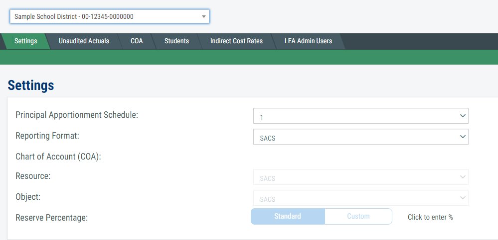 Display of School District or County Settings screen