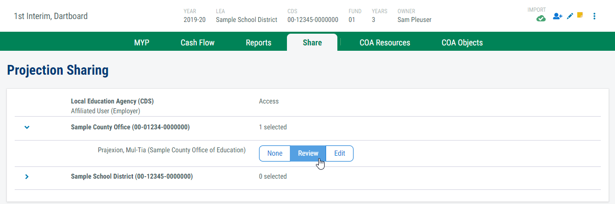 Image of setting access to review for a recipient from the share tab