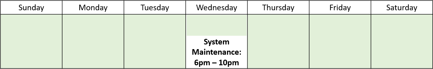 Image displaying Wednesaday 6pm-10pm as reserved for system maintenance